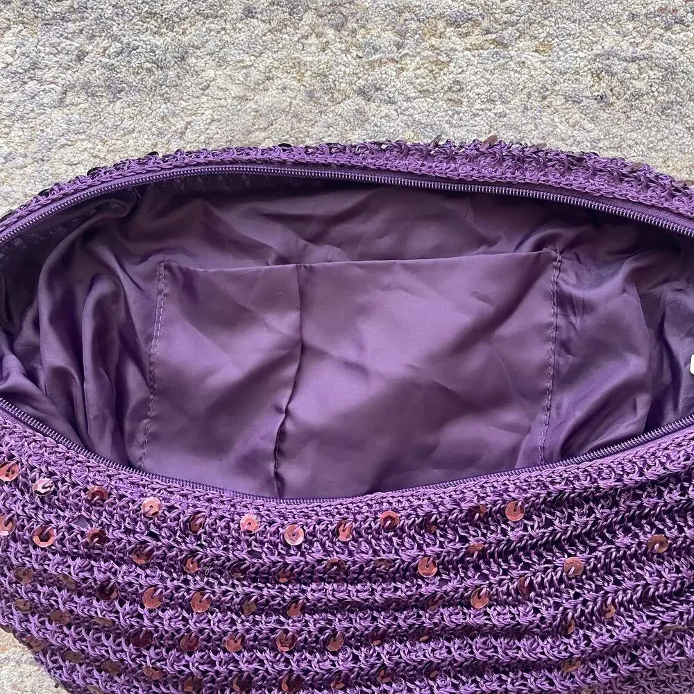 Purple Crochet Sequin Knit Hobo Shoulder Bag Slouchy Boho Handbag Zip Festival